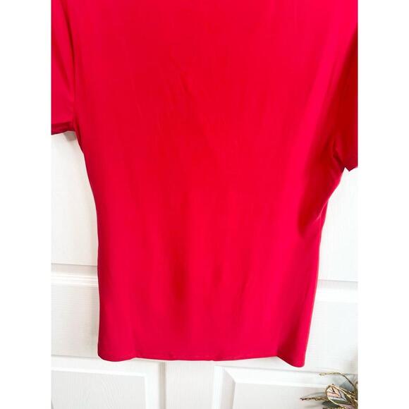 T TAHARI Blouse Size M Red Draped V Neck Short Sleeve Jersey Knit Faux Wrap Top - Picture 10 of 12